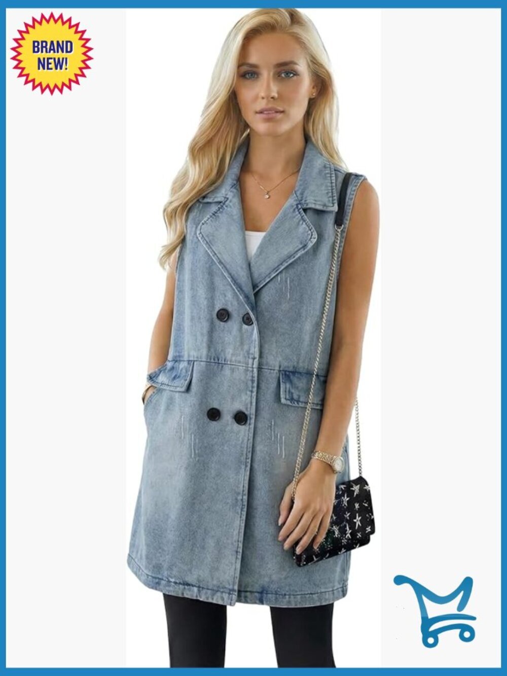 Sleeveless Long Denim Vest with Pockets Casual Distressed Lightweight Jacket
